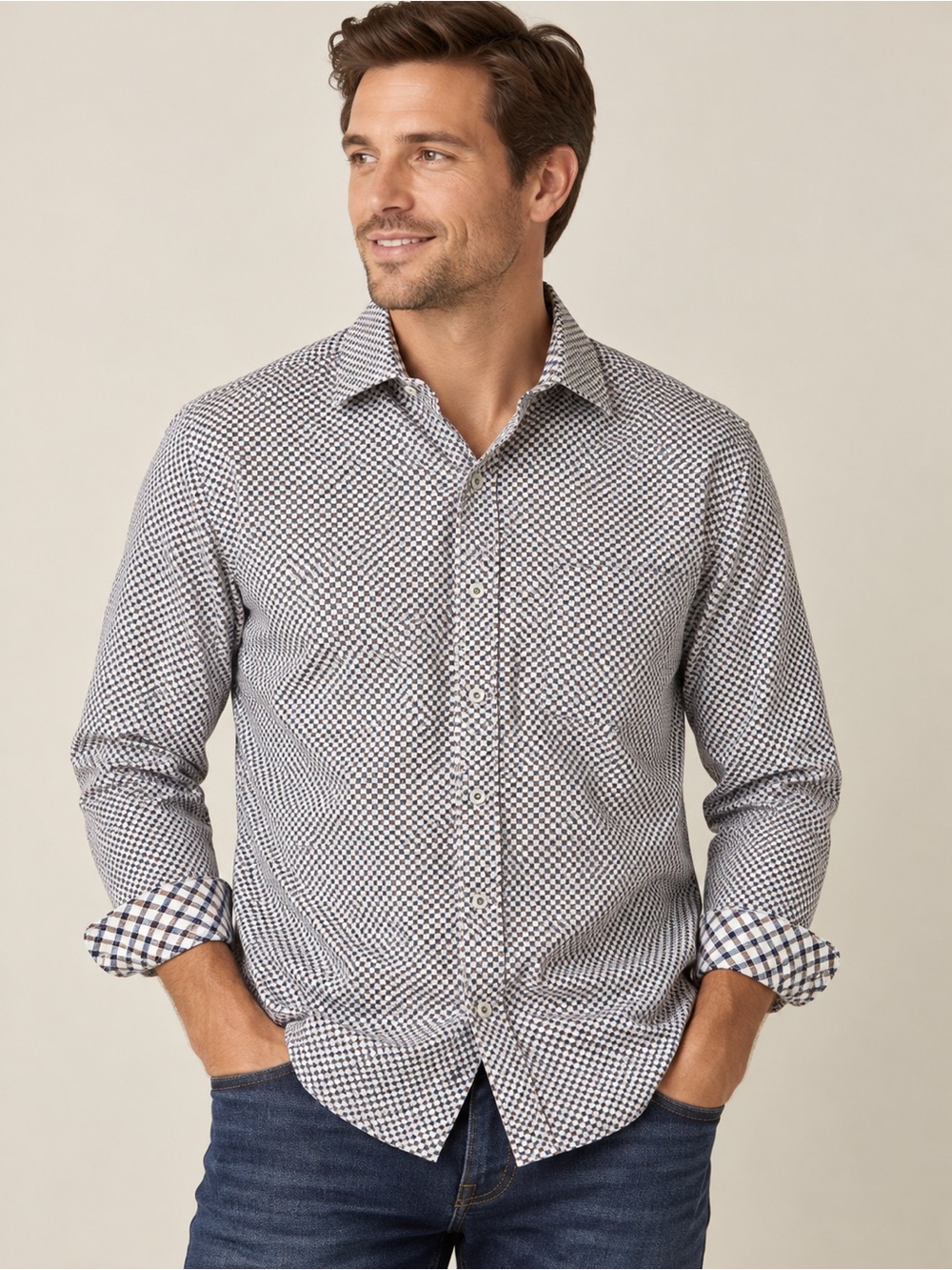Johnston & Murphy Men’s Micro Check Cotton Button Down Shirt Brown Navy L